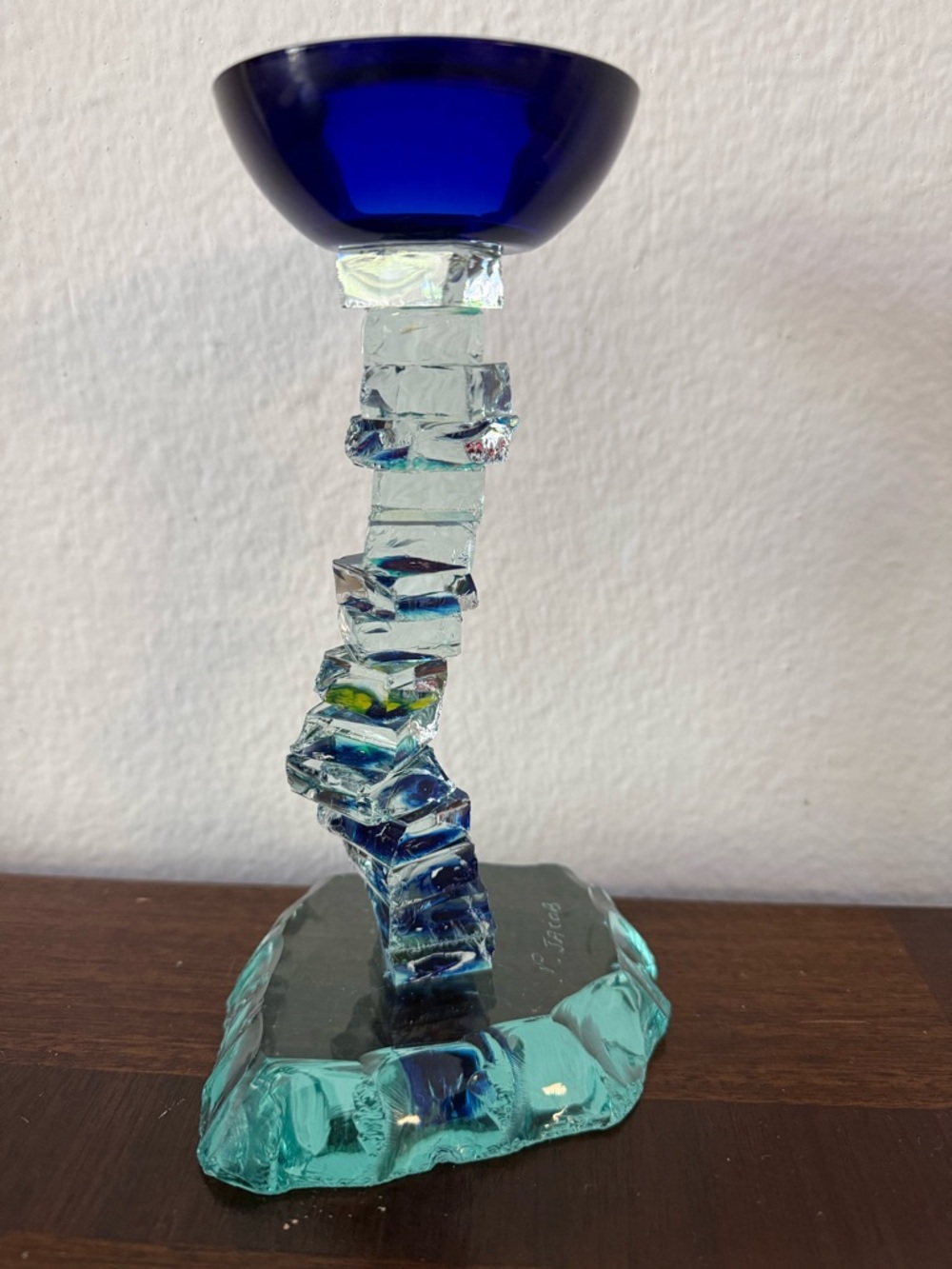 P. Jacob Signed Art Glass Candle Holder Blue Clear Abstract Decorative
